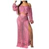 Women Sexy Long Sleeve Tassels Hollow Out Blouse Tops+Slit Beach Skirt Suit Sets