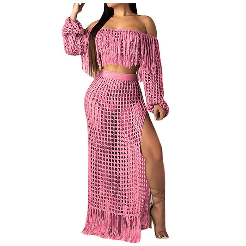 Women Sexy Long Sleeve Tassels Hollow Out Blouse Tops+Slit Beach Skirt Suit Sets