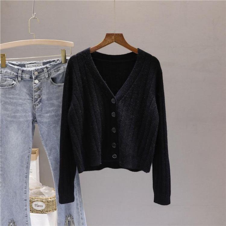 

Женский вязаный кардиган на пуговицах с V-образным вырезом, свободный, с длинным рукавом, осенний, универсальный, короткий, топ, свитер One Size чёрный