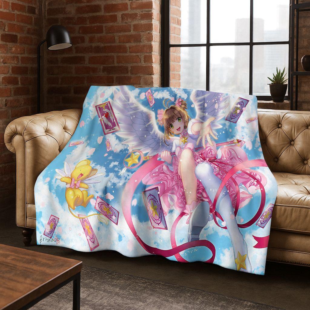 Cute Cartoon Card Captor Sakura Magic Girl Anime Art Flannel Blanket,Cozy Soft Throw Blanket for Home Bedroom Bed Sofa Cover Kid