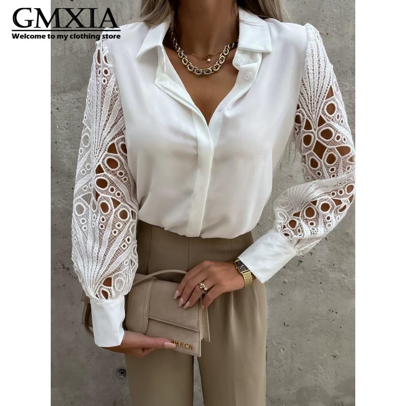 

GMXIA Женская Мода Повседневный Досуг Однотонный Принт Длинный Рукав Воротник ПОЛО Блузки и Рубашки XXXL белый