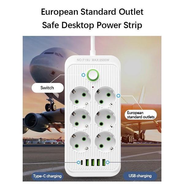 1PC Portable EU Plug Power Strip, 3/6 Widely Outlets with 5 USB Ports (1 USB C), Extension Socket for Travel Office Dorm Home