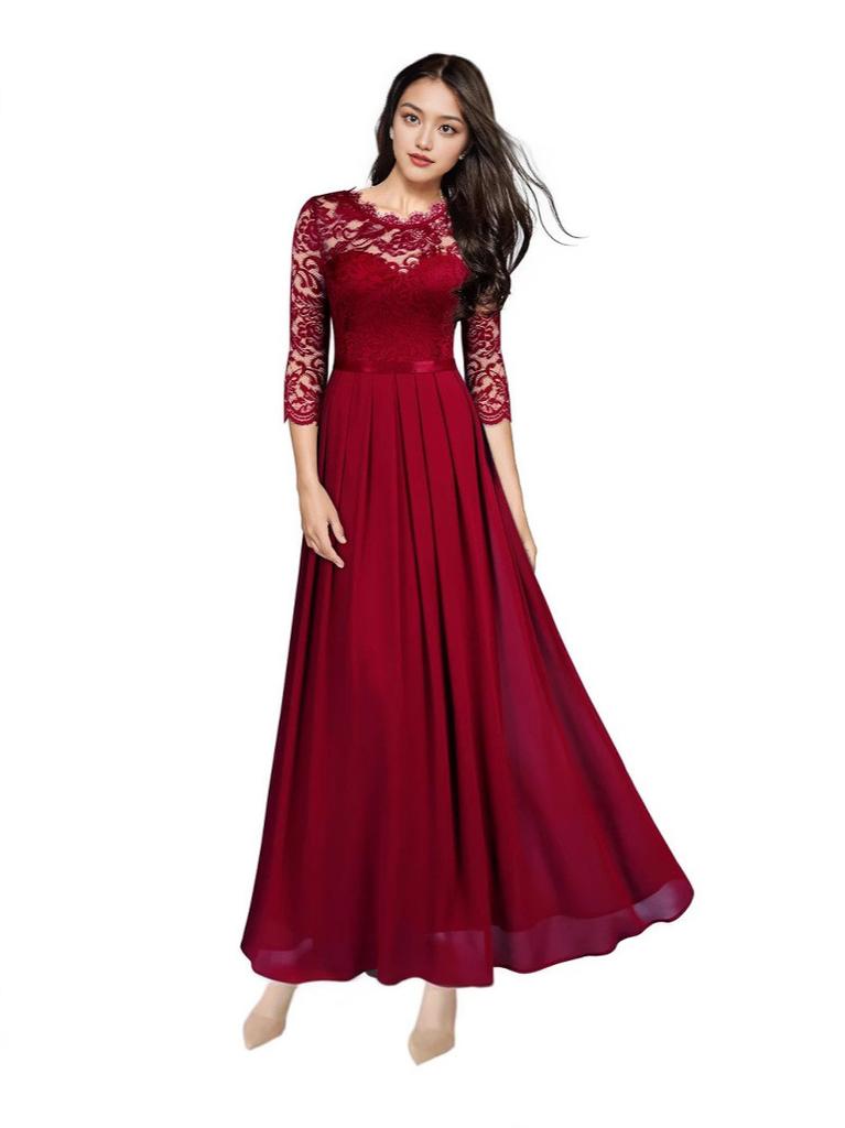 Elegante Abito Lungo in Pizzo da Donna con Tessuto in Chiffon Giuntato per Eventi Formali