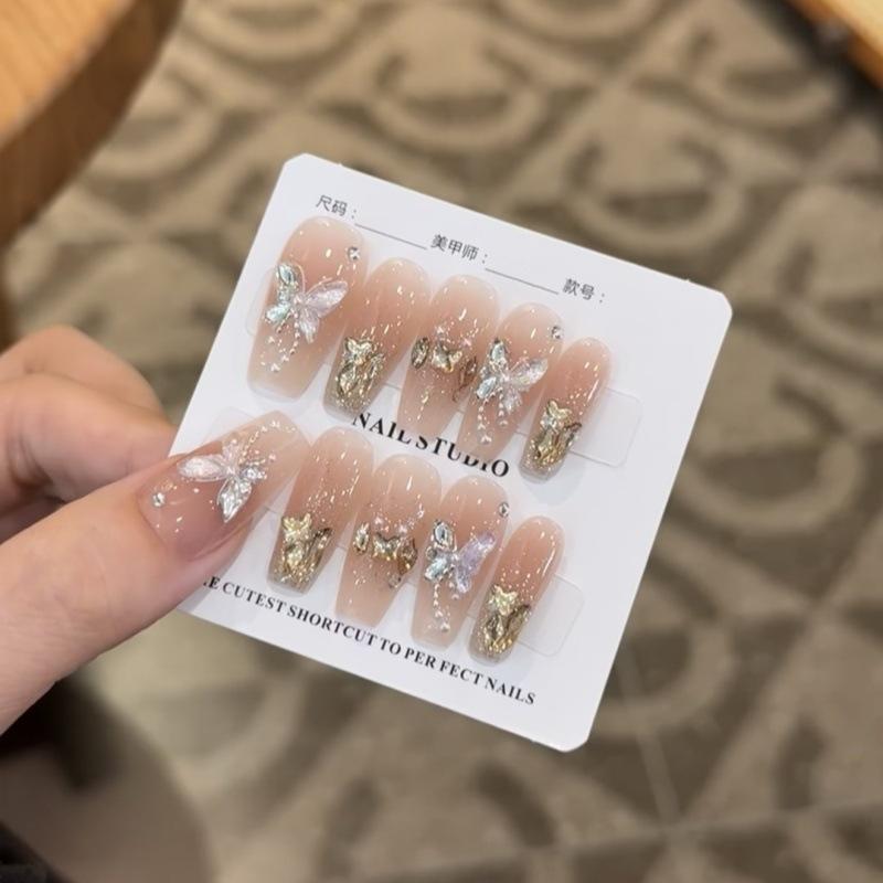 Handmade Butterfly Champagne Diamond False Nails with Whitening Blush