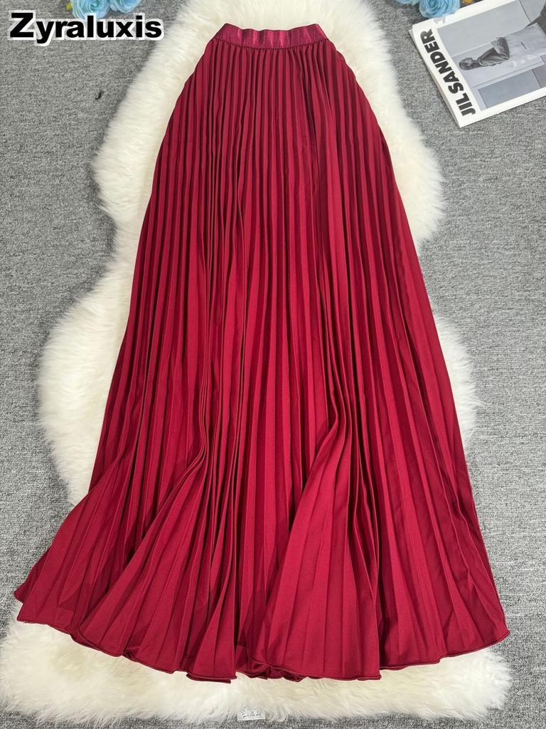 Wavy Edge Pleated Skirt High Waist Slimming Office Wear Versatile Long Dress for Women