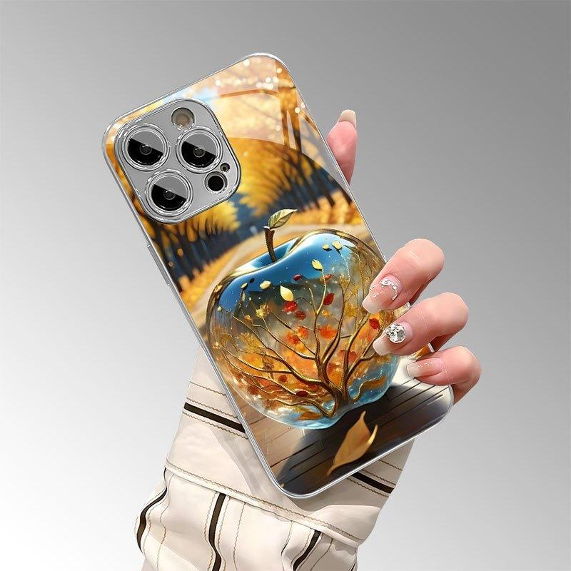 Minimalistyczne Złote Etui z Nadrukiem Jabłka na Szkle Galwanizowanym do Telefonu iPhone 17 16 15 14 13 12 11 Pro Max Plus 16E 17 Air Cover