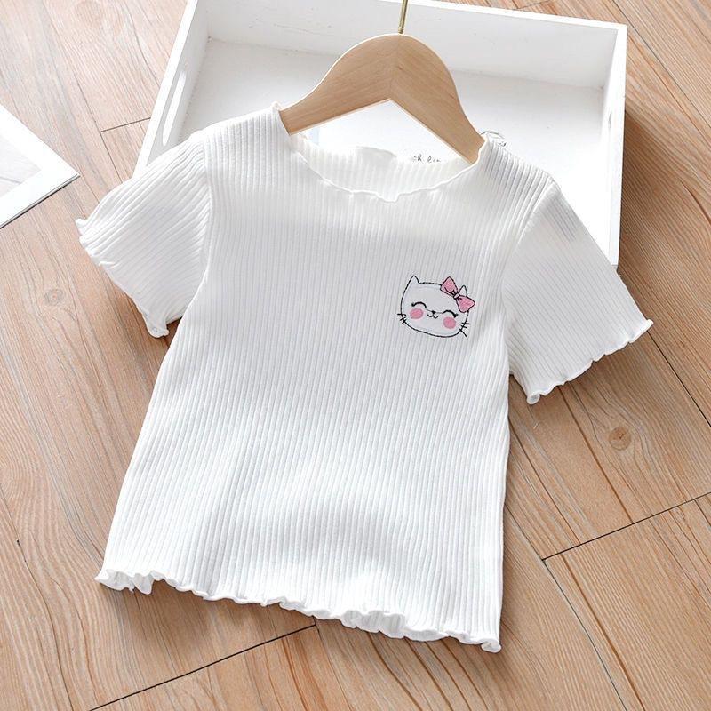 Kids' Cute Cartoon Embroidered T-Shirt - Ice Silk, Short Sleeve, Ruffle Design for Summer