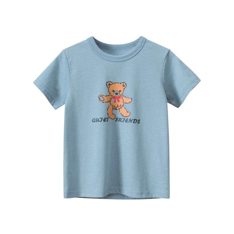 27Home Korean Style Children s Clothing Summer New Style 2026 Girls Pure Cotton Short-Sleeved T-Shirt Bear Print Baby Clothes Ins Ht9642 Water Blue 90