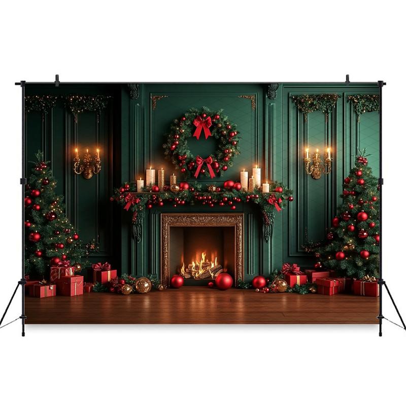Mocsicka Christmas Photography Backgrounds Tree Decors Family Festival Party Photo Backdrops Green Wall Fireplace Pattern Banner