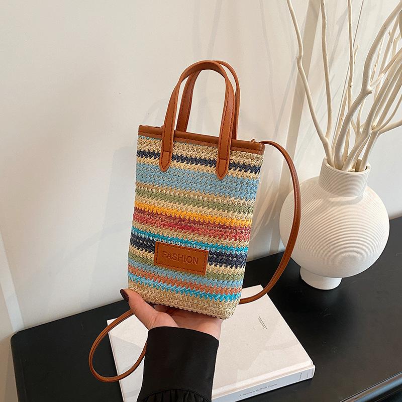 Korean version of the color striped new 2025 girls spring and summer trend fashion woven bag shoulder crossbody mobile phone bag