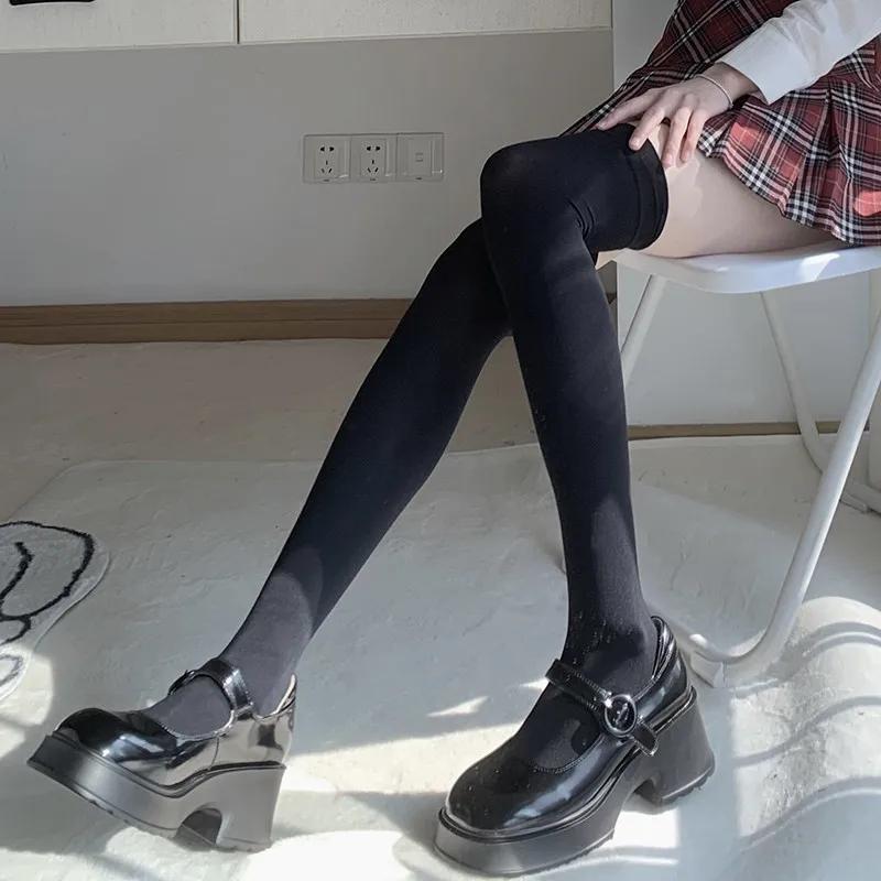 Black White Long Socks Stockings Women JK Japan Style Solid Color Thigh High Stockings High School Girls Striped Knee High Socks