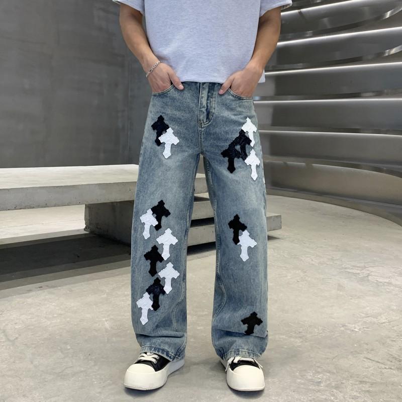 Mens Loose Straight Cut Denim Jeans With Embroidered Patch Art American Streetwear Style Low Rise Wide Leg Trousers