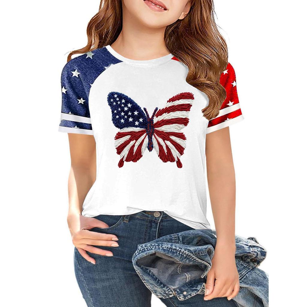 Women's Casual Short Sleeve Crew Neck T-Shirt Independence Day Print Raglan Sleeve Lightweight Cotton Blend Top for Summer
