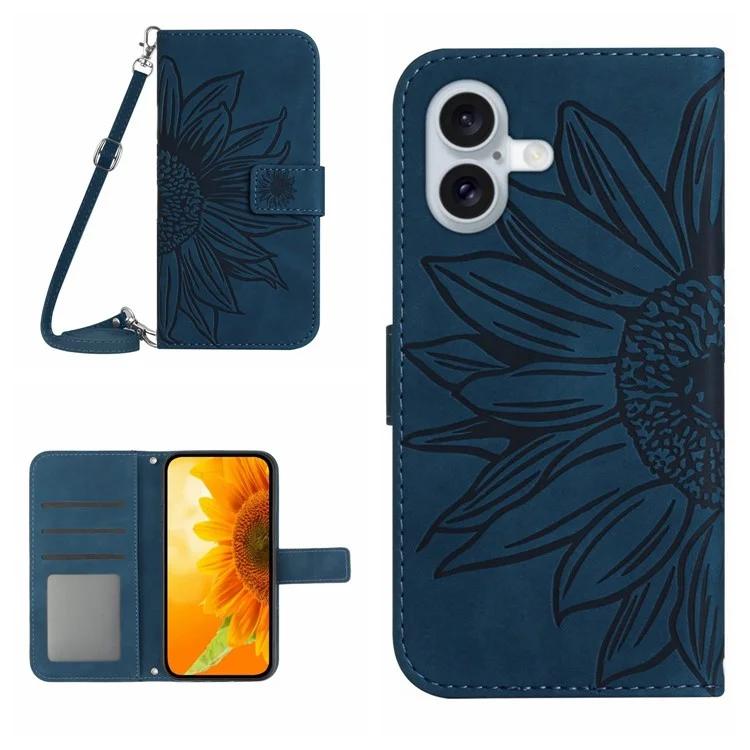 HT04 For iPhone 16 Plus Case with Shoulder Strap Leather Phone Cover Sunflower Pattern