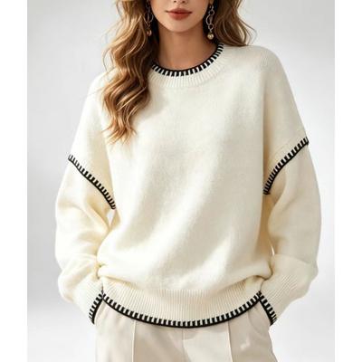 Womens Lazy Casual Loose Crew Neck Long Sleeve Patchwork Knitted Sweater