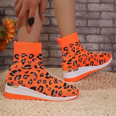Autumn Women Thin Boots Knitted Stretch Fabric Socks Shoes Platform Wedge Heel Leopard Printing Ankle Boots Slip-on Casual Shoes
