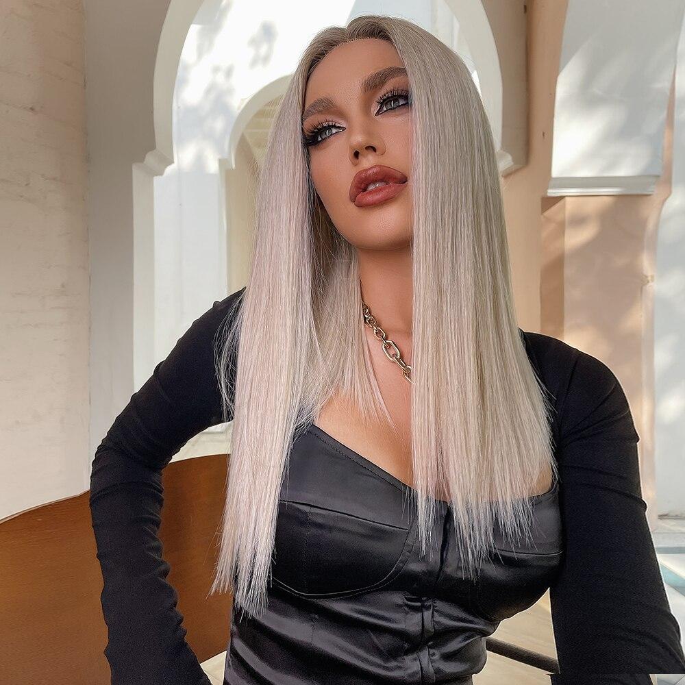 ALAN EATON Dlouhé rovné přední paruky ze syntetické krajky pro ženy Střední část Paruky do vlasů s platinovou blond krajkou Tepelně odolné vlákno