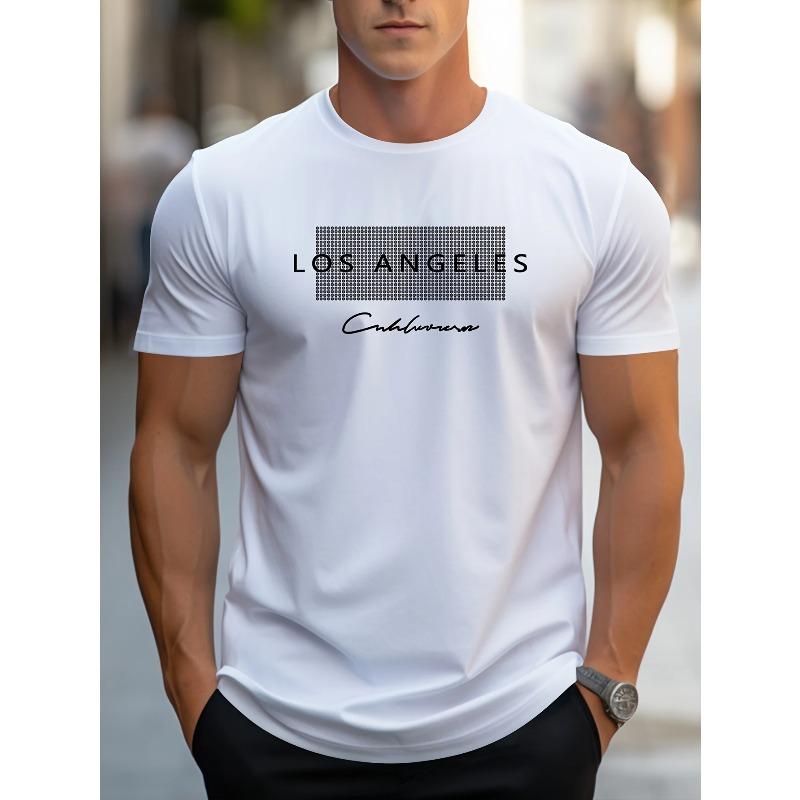 Men's 100% Cotton Summer Loose Fit Large Los Angeles Graphic Printed Slim Fit Casual Sports Round Neck Short Sleeved T-shirt Top
