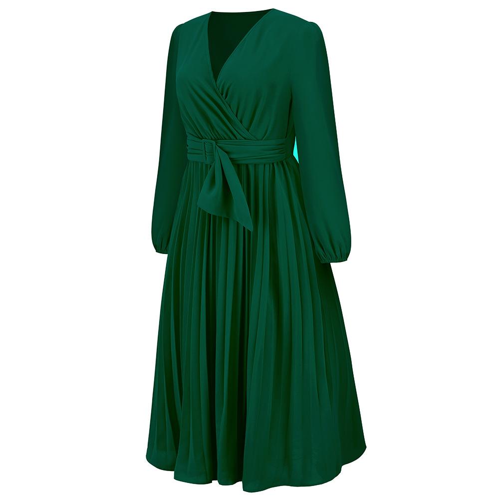 Spring and Autumn Women's Dress Solid Color Long Sleeve Slim Temperament Elegant Pleated Belt V-Neck Dresses