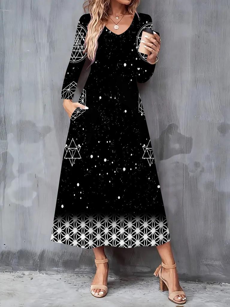 2025 Herbst und Winter Neues Damen Casual Modekleid 3D Retro Musterdruck Langarm V-Ausschnitt A-Linien-Kleider