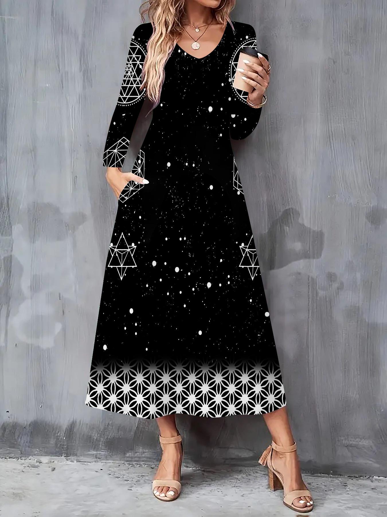 

2025 Осень и Зима Новое Женское Повседневное Модное Платье 3D Ретро Принт с Узором Длинный Рукав V-образный Вырез А-силуэт Платья S чёрный