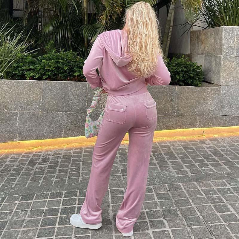 Women Autumn Winter Fashion Hoodies Jogging Tracksuit Velvet Zipper Sweatshirt Straight Leg Pants Two Piece Set