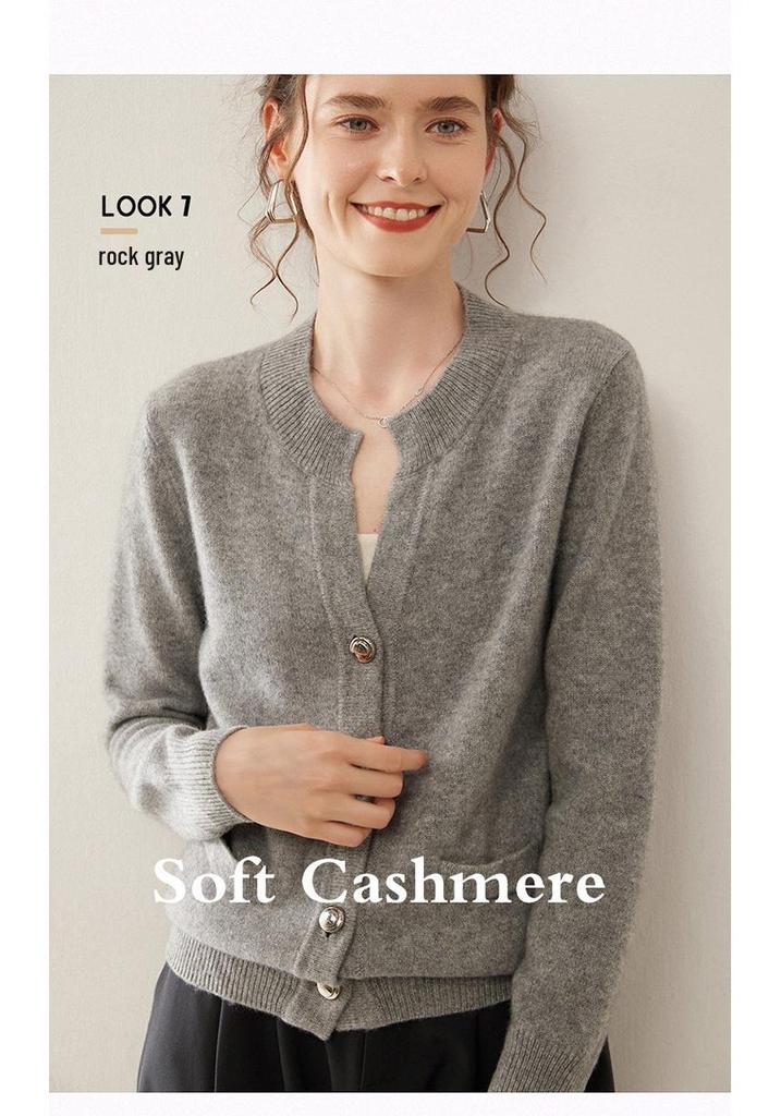 Women's Cashmere Knit Cardigan - Autumn/Winter, Single-Breasted, Round Neck, Loose Fit, Slimming, Solid Color.