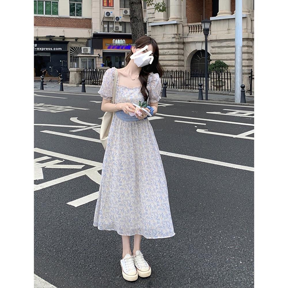 

High-End Floral Puff Sleeve Dress - French-Korean Summer Style L (suggested for 50-55 kg)