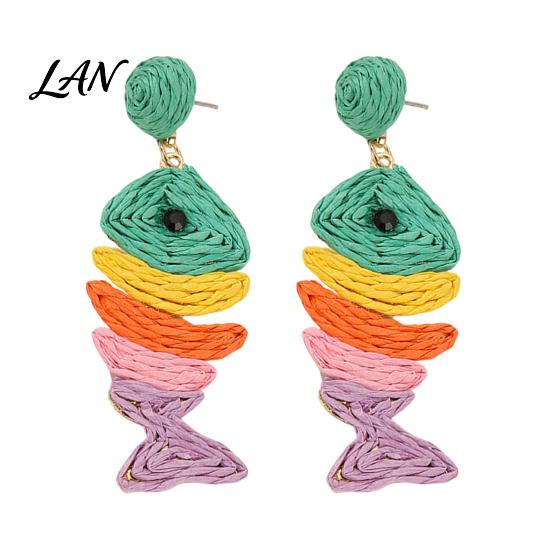 Raffia Earrings 1 Pair Boho for Women, Handmade Rattan Fish Shape Summer Vacation Jewelry Earrings, Bohemian Straw Drop Dangle Tropical Beach