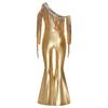 Girls Pageant & Stage Romper: Metallic Shiny Off Shoulder Jumpsuit with Sequin Tassels & Bell Bottom Legs for Disco