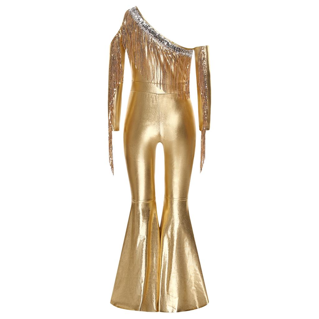 Girls Pageant & Stage Romper: Metallic Shiny Off Shoulder Jumpsuit with Sequin Tassels & Bell Bottom Legs for Disco