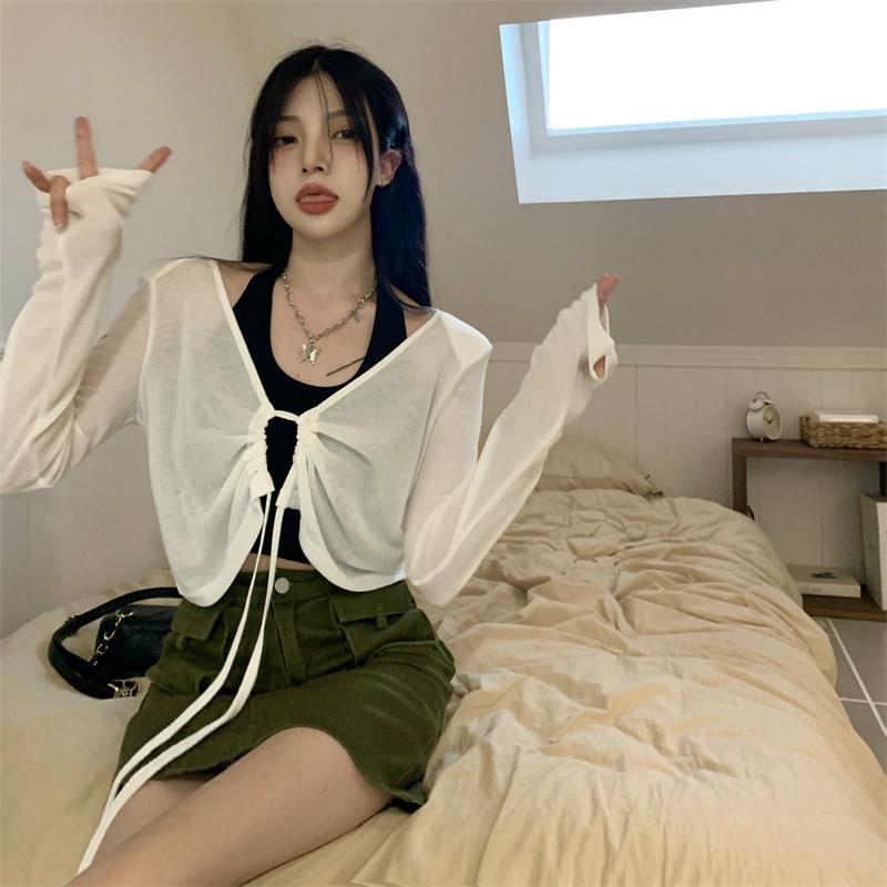 

Short Loose Strap Sunscreen Shirt Thin Blouse for Women Summer New Neck Halter Jacket Top for Women One size