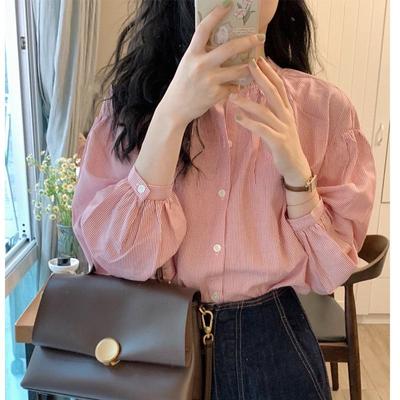 Pembe Çizgili Gömlek Kadın Tasarım Anlayışı Niş Fransız Yüksek Anlam Gömlek Küçük Şık Üstler Vintage Temel Ofis Günlük Kadın Gömleği Rahat Giysiler