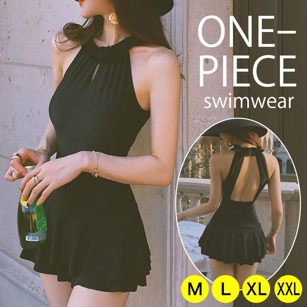 RONGUI Women's Black Monokini One-Piece Swimsuit with Halter Neck and Skirt, Flattering Design, Size L