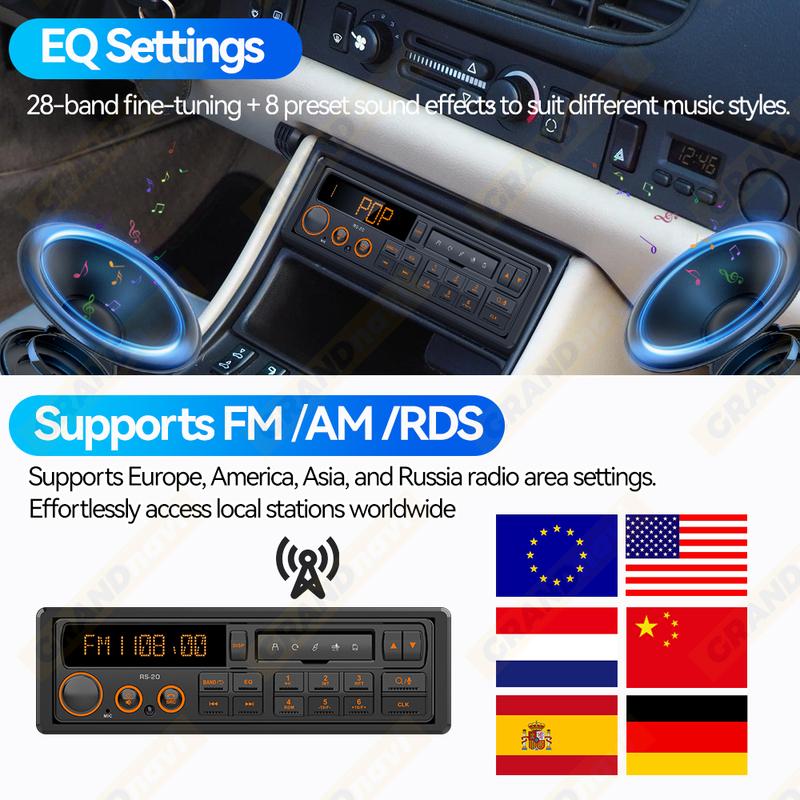 Retro MP3 Car Radio Player 1 DIN Stereo EQ FM AM RDS DAB Receiver QC3.0 Bluetooth USB AUX Input For VW Porsche Mercedes Benz BMW