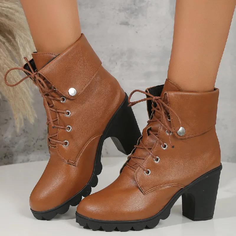 

Женские ботинки, новые зимние ботинки с круглым носком, на шнуровке, на толстом каблуке, короткие ботинки на платформе, женская обувь, размер 42 35