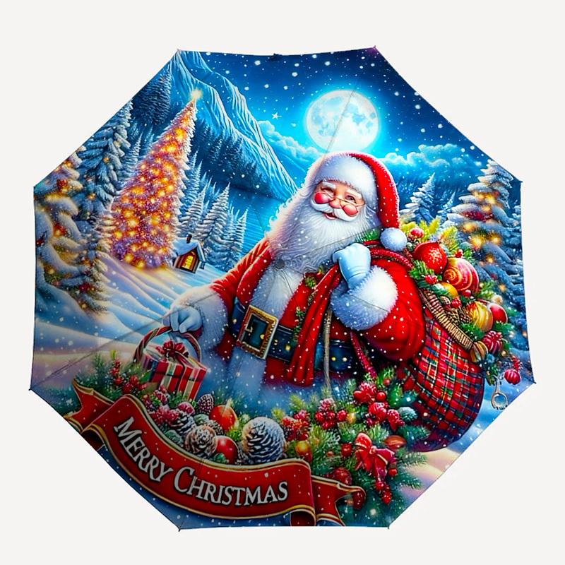1pc Merry Christmas Festive Gift: Automatic Opening/Closing Umbrella with Portable Tri-Fold Design, 8-Bone Iron Frame, Perfect for Fans, Travelers, Da