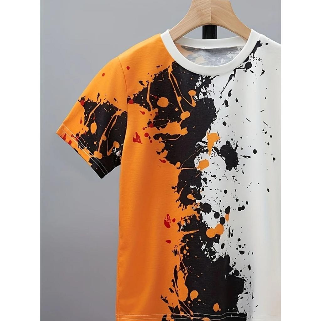 Boys' Casual Short Sleeved Shorts Set, 3D Printed Contrasting Ink Design, Suitable for Weekends and Outdoor Activities