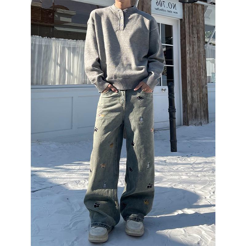 American Retro Washing and Old Embroidered Jeans for Men and Women High Street Handsome Loose Wide-leg Straight Casual Pants
