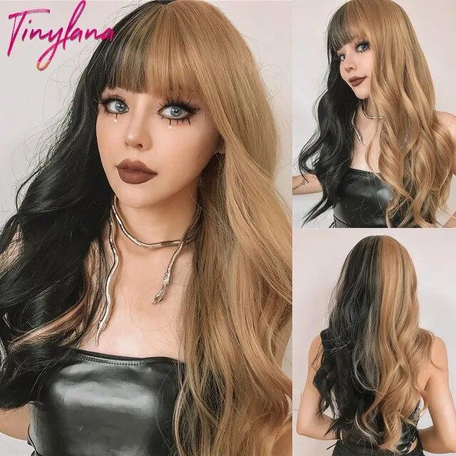 

Зеленые и красные длинные волнистые парики с челкой, косплей, волосы на Рождество, Хэллоуин, двухцветные синтетические парики омбре для женщин, термостойкие