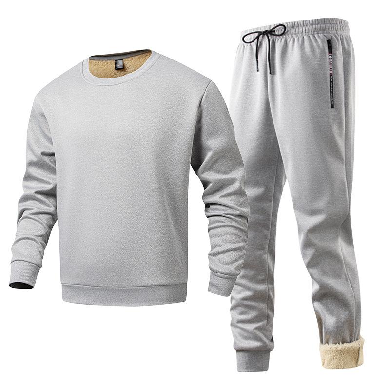 Lamb Fleece Suit Men's Hooded Jacket Men's Thick Winter Sports Suit Men's Cardigan Two-piece Set with Added Fleece