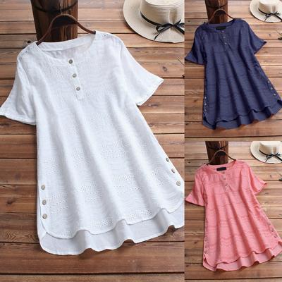 Ladies Tops Casual Round Neck T-Shirts T-Shirts Eyelets Lace Panel Buttons Shirts