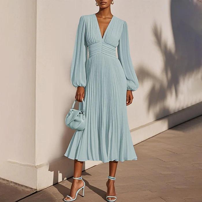 Large size dress women s new sexy pleated V-neck long-sleeved chiffon clothing dress S