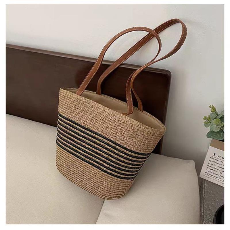 New shoulder straw bag women's bag striped woven bag large capacity tote bag handbag women's travel beach bag