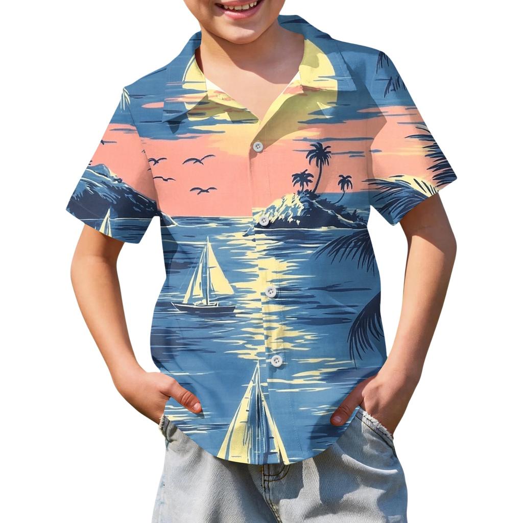 Jungen kurzärmeliges Hawaiihemd, Kinder Sommer Hemd mit Knöpfen