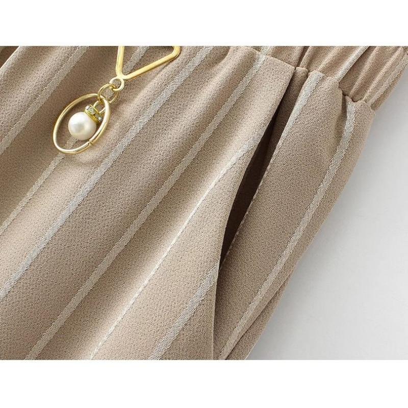 Autumn Chiffon Wide-leg Striped Draped Elastic High Waist Pocket Fashionable Casual Straight Pants