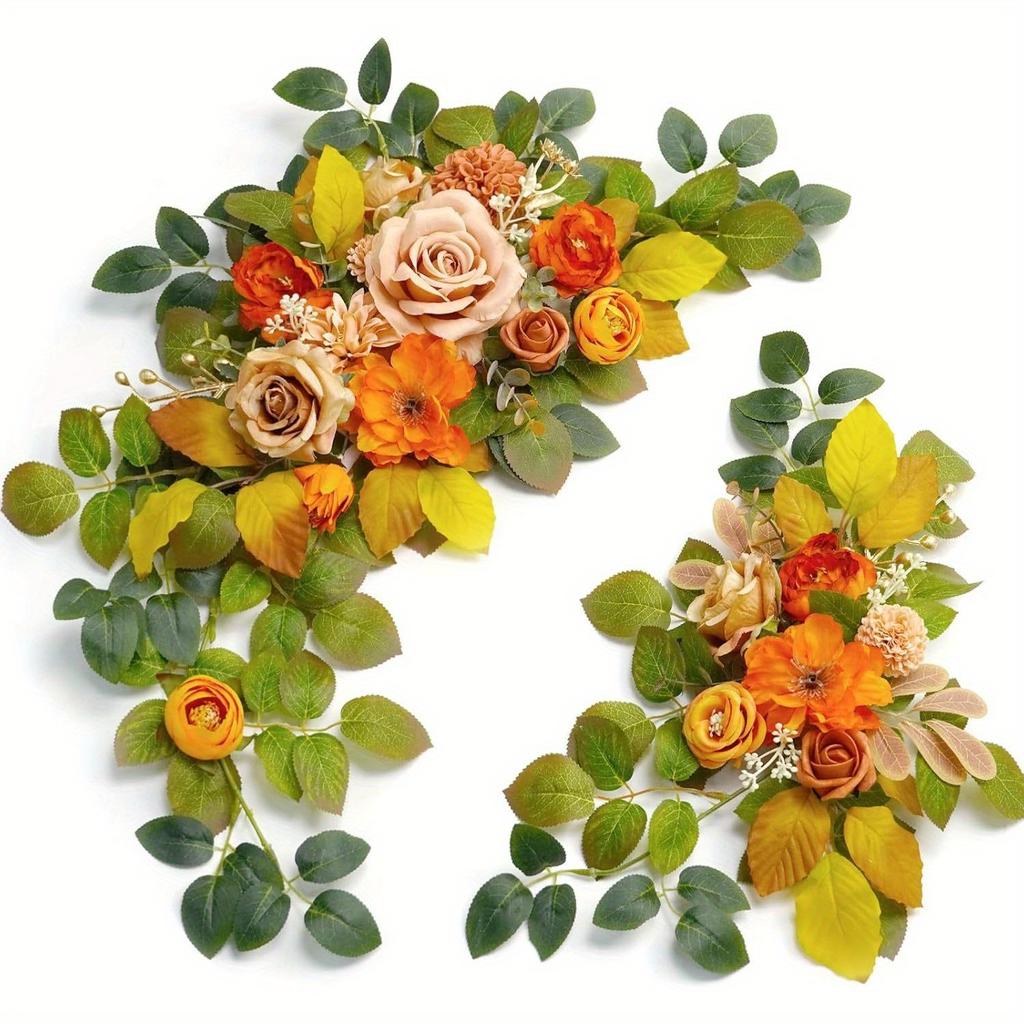 2Pcs Outdoor Wedding Simulation Rose Green Plant Welcome Corner Flower Decoration Set for Outdoor Patio Garden Home Wedding Holiday Party Decoration