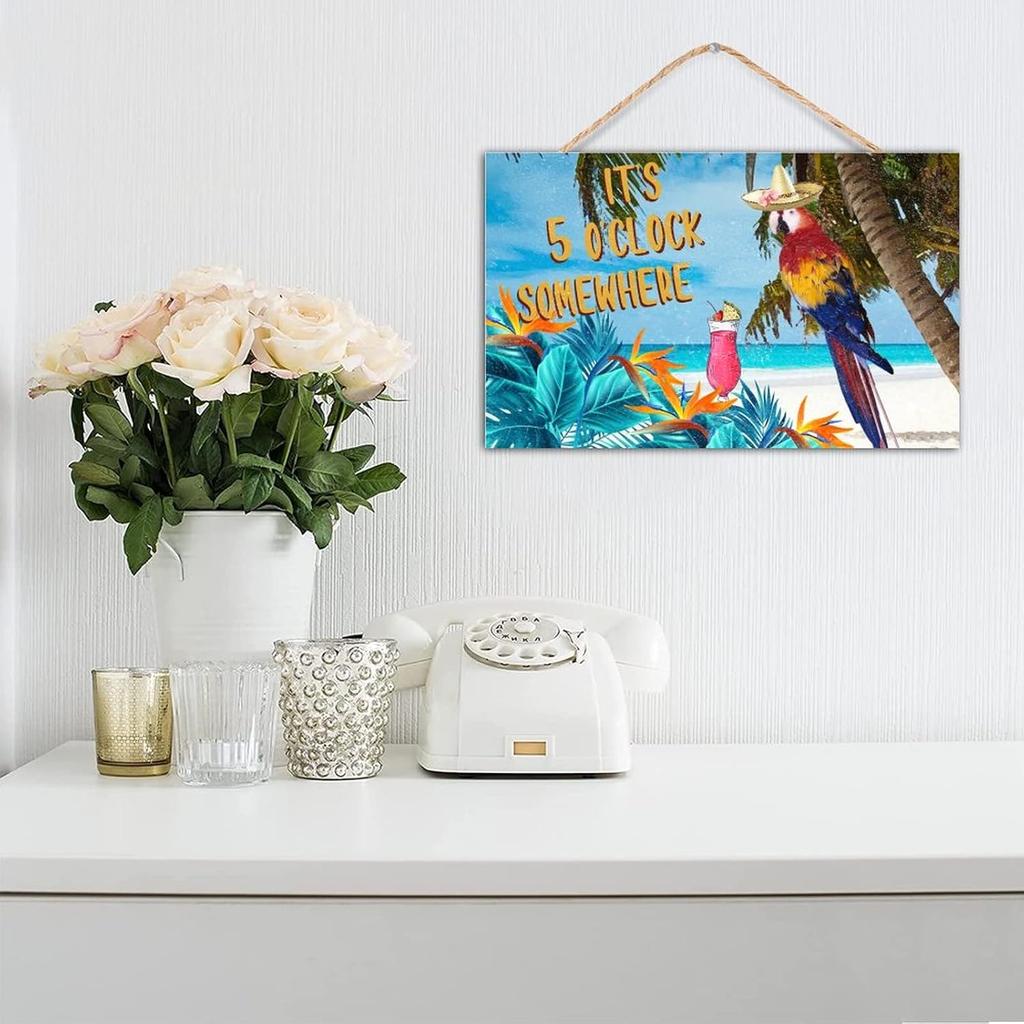 TEANFUN Summer Sign, It's Five O'clock Somewhere, Summer Parrot Sign for Outdoor Indoor Wood Hanging Wall Decor Sign Plaque, Housewarming Gifts for