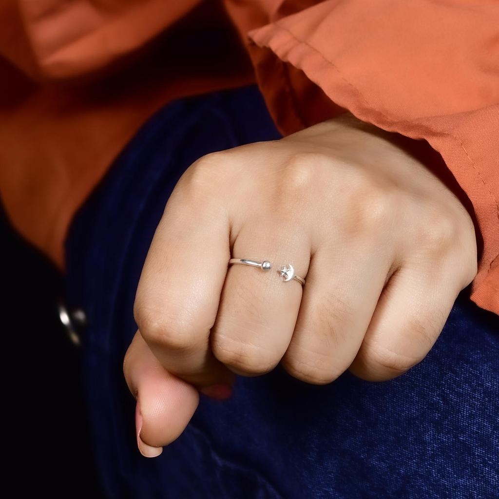 Moon and Star Ring, 925 Sterling Silver Celestial Ring, Minimalist Moon Star Open Ring, Dainty Adjustable Silver Ring, Celestial Jewelry Gift