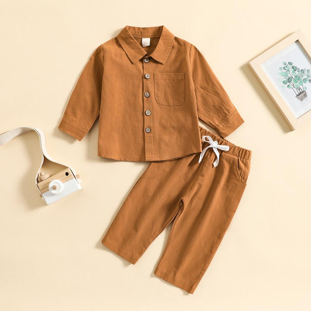 Fashion Toddler Boys' Linen Cotton 2-Piece Outfit Long Sleeve Shirt & Pants Set